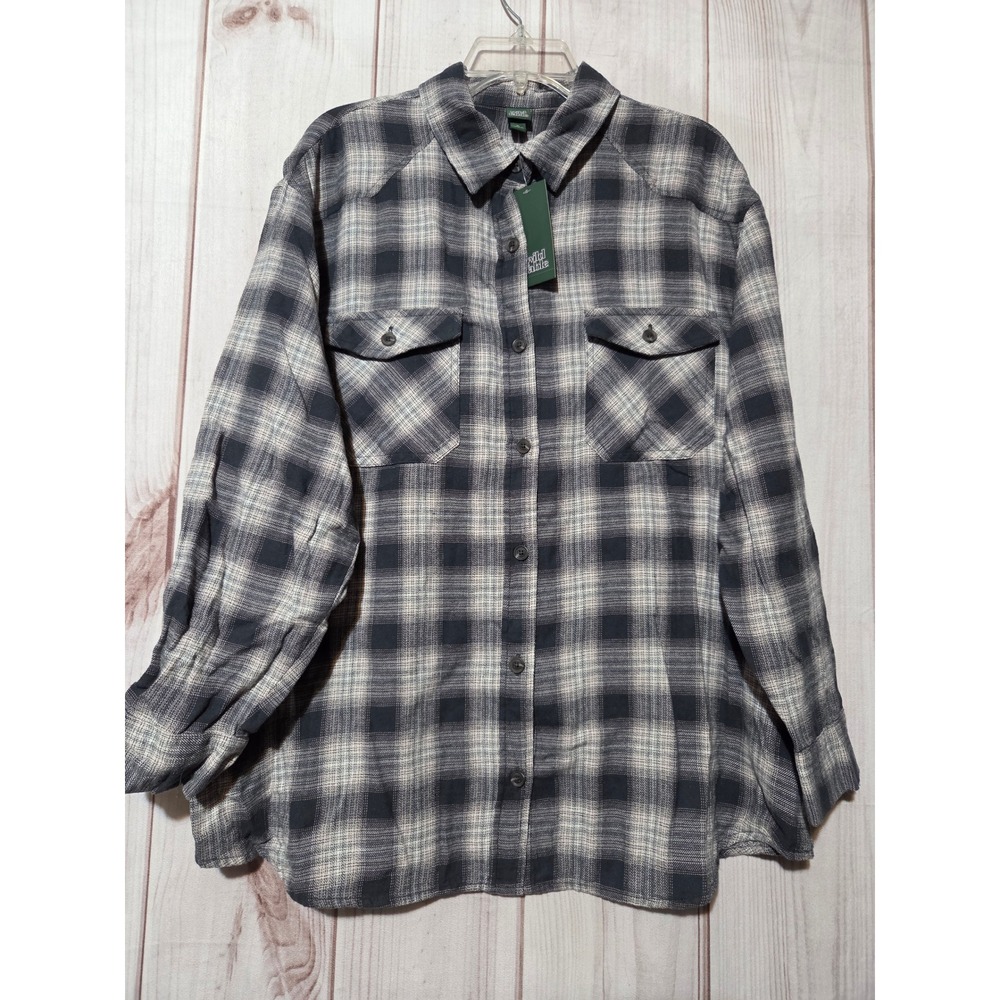 Wild Fable Womens XL Flannel Shirt Grey Black Plaid Button Down Cotton NWT